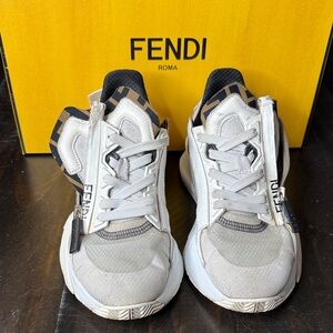 Fendi White and Gray Sneakers with Zipper Detail